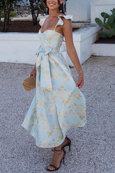 Barockes, florales, süßes, gesmoktes Korsett-Midikleid mit Rüschen auf der Rückseite